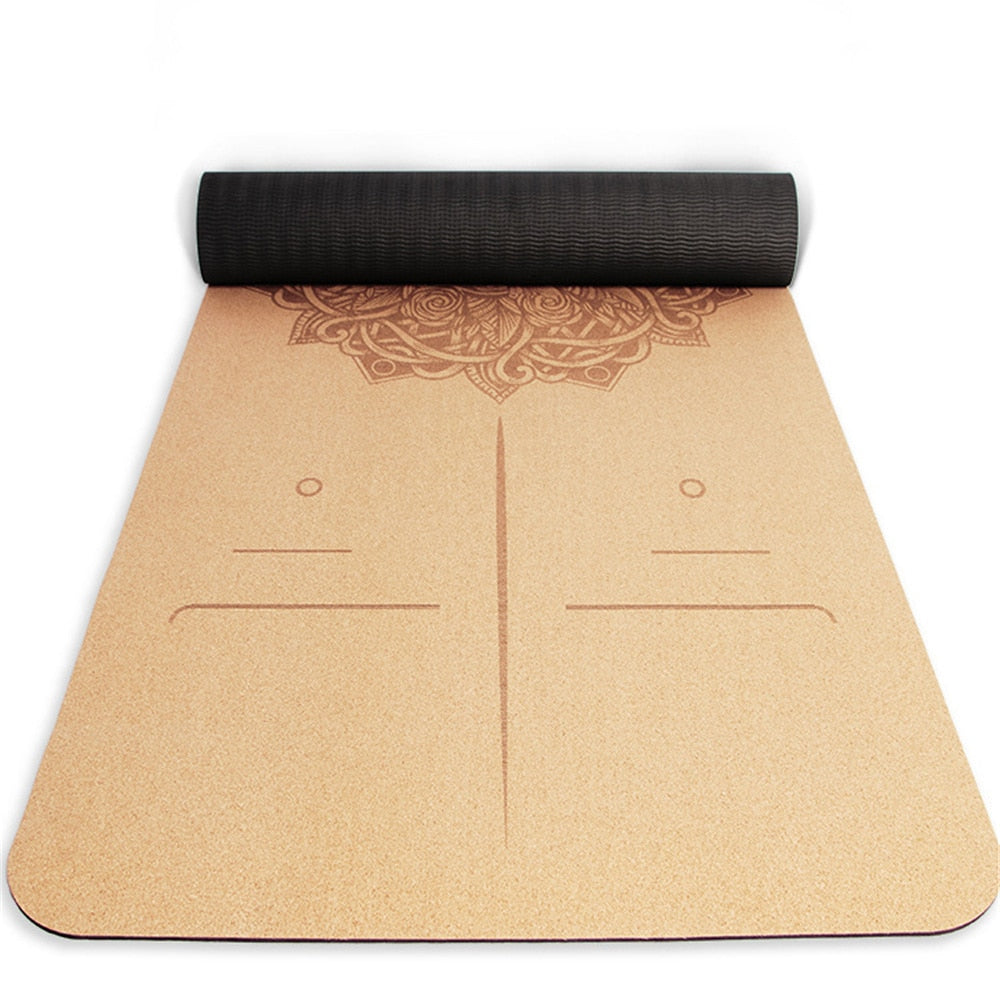 Natural Cork Fitness Non-Slip Yoga Mat With Position Line